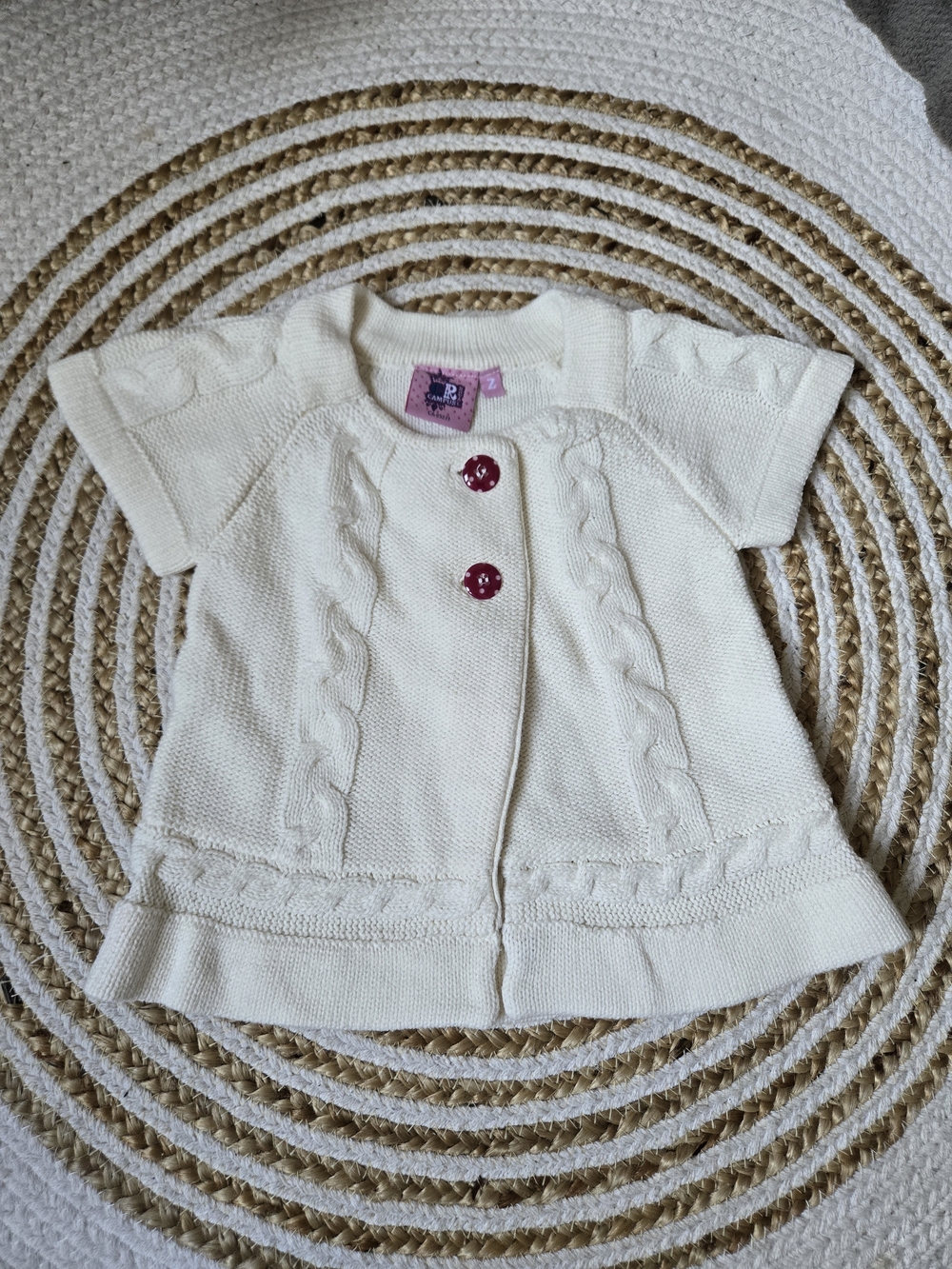 Girls Cream Knit Short-Sleeve Cardigan with Decorative Buttons like Grandma